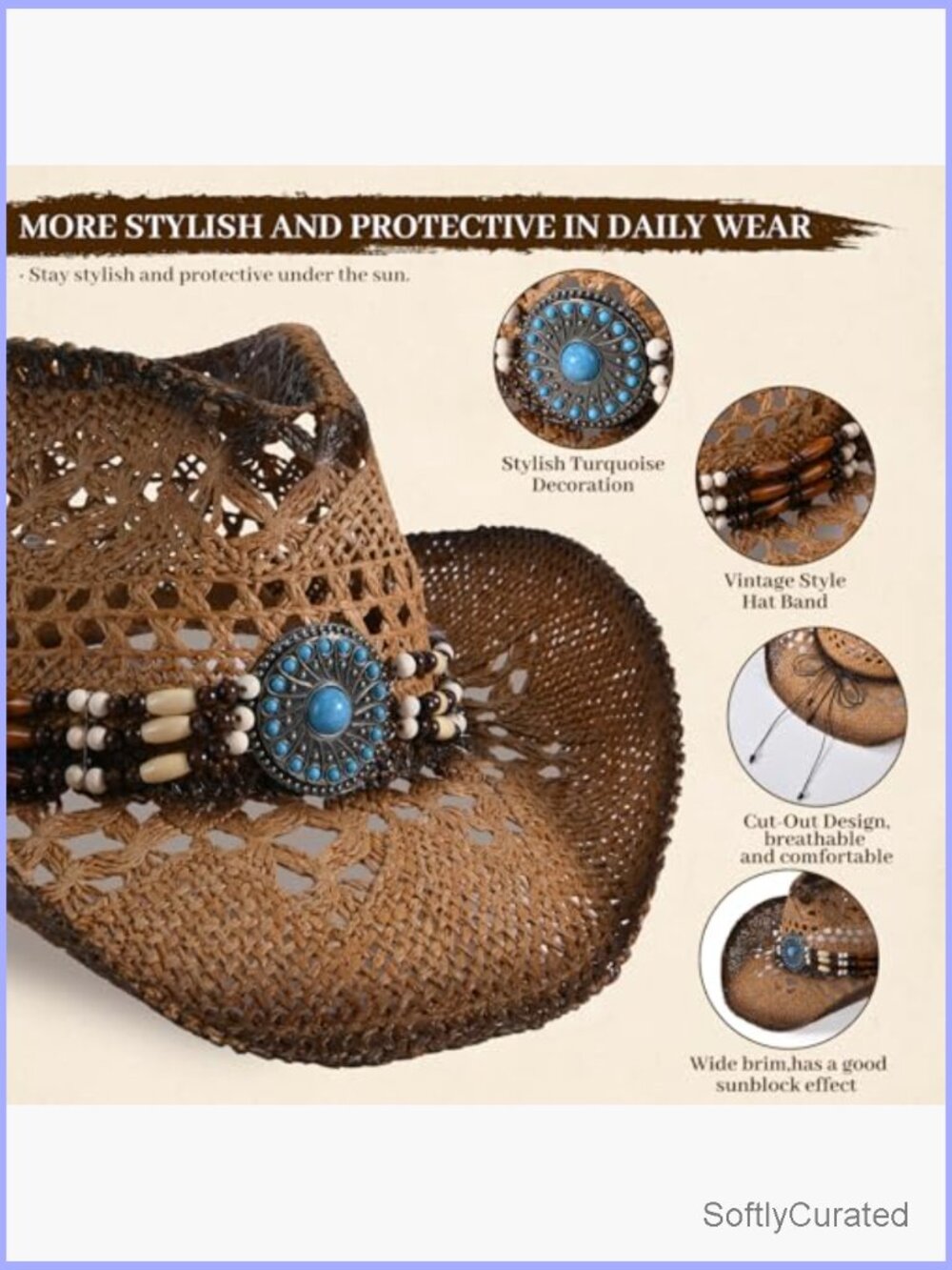 Straw Cowboy Hat with Wide Brim - Medium Size for Adults Summer Western Hat - Picture 2 of 7